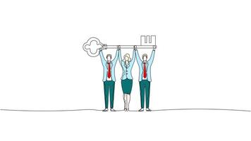Hand-Drawn One-Line Animation of Three Business People Holding Up a Key, Minimalist Line Art, Continuous Outline Drawing With Color, Concept of Success, Leadership, and Opportunity video