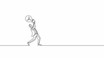 Hand-Drawn One-Line Animation of a Businessman Holding a Light Bulb, Minimalist Line Art, Continuous Outline Drawing, Representing Innovation, Bright Ideas, and Creative Thinking. video