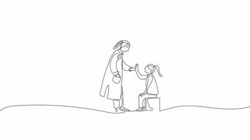 Hand-Drawn One-Line Animation of a Doctor and a Young Child Sharing a High Five in a Medical Setting, Minimalist Line Art, Continuous Outline Drawing, Concept of Trust, Care, and Encouragement video