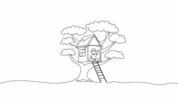 One-Line Animation of a Child Enjoying a Treehouse with a Wooden Ladder, Minimalist Line Art, Continuous Outline Drawing, Concept of Adventure, Childhood, and Summer Fun. video