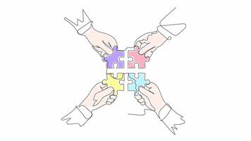 Hand-Drawn One-Line Animation of a Business Team Trying to Solve a Puzzle, Minimalist Line Art, Continuous Outline Drawing With Color, Concept of Teamwork, Problem-Solving, and Collaboration. video