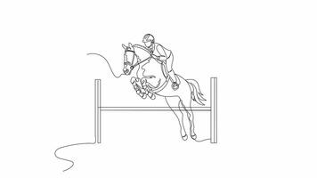 Hand-Drawn One-Line Animation of a Horse Rider Showcasing Dressage Jumping in an Equestrian Competition, Minimalist Line Art, Continuous Outline Drawing, Concept of Precision and Performance. video