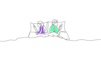 Hand-Drawn One-Line Animation of a Man and Woman Using Phones at Bedtime, Minimalist Line Art, Continuous Outline Drawing With Color, Concept of Smartphone Attraction and Digital Distraction video