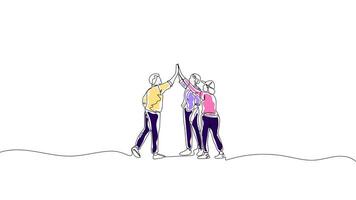Hand-Drawn One-Line Animation of Three People Celebrating with a High Five, Minimalist Line Art with Color, Continuous Outline Drawing, Concept of Unity, Motivation, and Achievement video