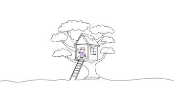 Hand-Drawn One-Line Animation of a Child Playing in a Treehouse with a Wooden Ladder, Minimalist Line Art, Continuous Outline Drawing With Color, Concept of Childhood Adventure and Fun. video