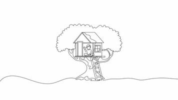 Hand-Drawn One-Line Animation of a Child Playing in a Treehouse with a Wooden Ladder, Minimalist Line Art, Continuous Outline Drawing, Concept of Outdoor Adventure and Childhood Fun video