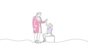 Hand-Drawn One-Line Animation of a Doctor and a Child Giving a High Five, Minimalist Line Art, Continuous Outline Drawing With Color, Concept of Medical Care, Trust, Support, and Encouragement. video
