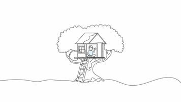 Hand-Drawn One-Line Animation of a Child Enjoying a Treehouse, Minimalist Line Art, Continuous Outline Drawing With Color, Concept of Childhood Play, Outdoor Fun, and Adventure video