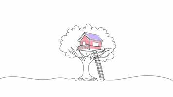Hand-Drawn One-Line Animation of a Treehouse with a Wooden Ladder, Minimalist Line Art, Continuous Outline Drawing With Color, Concept of Outdoor Adventure, Play, and Childhood Fun. video