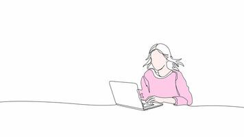 Hand-Drawn One-Line Animation of a Woman Using a Laptop, Minimalist Line Art, Continuous Outline Drawing with Color, Concept of Online Work, Productivity, and Professional Focus. video
