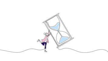 Hand-Drawn One-Line Animation of a Woman Holding a Giant Hourglass, Minimalist Line Art with Color, Continuous Outline Drawing, Concept of Time, Productivity, and Life Balance. video