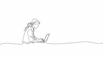Hand-Drawn One-Line Animation of a Woman Using a Laptop, Minimalist Line Art, Continuous Outline Drawing, Concept of Freelance Career, Digital Productivity, Technology, and Efficiency. video