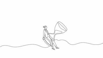 Hand-Drawn One-Line Animation of a Woman Sitting in an Hourglass, Minimalist Line Art, Continuous Outline Drawing, Concept of Time, Reflection, Patience, and Contemplation. video