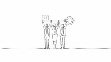 Hand-Drawn One-Line Animation of Three Business Professionals Holding Up a Key, Minimalist Line Art, Continuous Outline Drawing, Concept of Business Success, Leadership, and New Opportunities. video