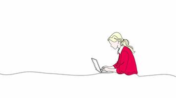 Hand-Drawn One-Line Animation of a Woman Working on a Laptop, Minimalist Line Art, Continuous Outline Drawing with Color, Concept of Remote Work, Digital Productivity, Professional Focus. video
