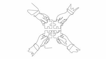 Hand-Drawn One-Line Animation of a Business Team Collaborating to Solve a Puzzle, Minimalist Line Art, Continuous Outline Drawing, Concept of Teamwork, Corporate Strategy, and Problem-Solving video