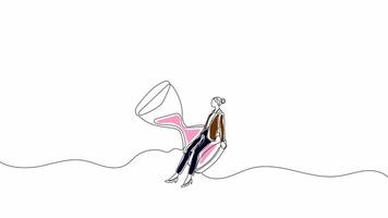 Hand-Drawn One-Line Animation of a Woman Sitting in an Hourglass, Minimalist Line Art with Color, Continuous Outline Drawing, Concept of Time, Thoughtfulness, and Life Balance video