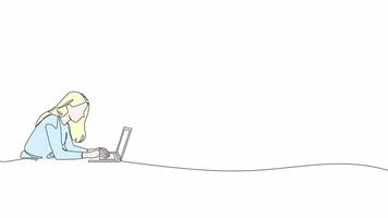 Hand-Drawn One-Line Animation of a Woman Using a Laptop, Minimalist Line Art with Color, Continuous Outline Drawing, Concept of Remote Work, Digital Connectivity, and Professional Productivity. video