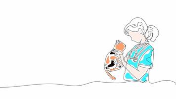 Hand-Drawn One-Line Animation of a Doctor Holding a Cat, Minimalist Line Art, Continuous Outline Drawing With Color, Concept of Pet Care, Compassion, and Healing video