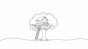 Hand-Drawn One-Line Animation of a Treehouse with a Wooden Ladder, Minimalist Line Art, Continuous Outline Drawing, Concept of Outdoor Adventure, Children Play, Leisure, and Nature Escape. video