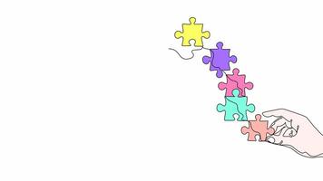 Hand-Drawn One-Line Animation of a Businessmans Hand Trying to Solve Puzzle Pieces, Minimalist Line Art, Continuous Outline Drawing With Color, Concept of Problem-Solving and Strategy. video