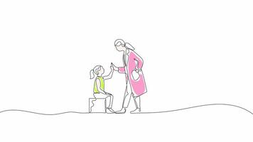 Hand-Drawn One-Line Animation of a Child and Doctor High-Fiving, Minimalist Line Art, Continuous Outline Drawing With Color, Concept of Healthcare, Friendship, and Support. video