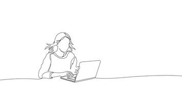 Hand-Drawn One-Line Animation of a Woman Working on a Laptop, Minimalist Line Art, Continuous Outline Drawing, Concept of Digital Freelancing, Online Communication, and Workplace Efficiency. video