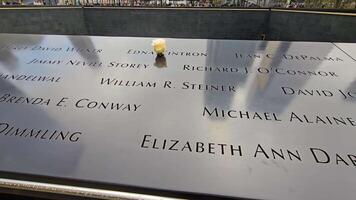 New York. US. 03.02.2025 9 11 Memorial engraved names with a single white rose placed in remembrance, reflective tribute to the victims, capturing a solemn moment at the World Trade Center site video