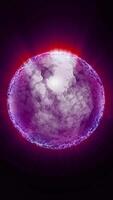 A virtual planet-like sphere of violet color rotates in space emitting energy rays. video