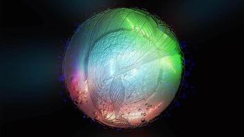 The virtual golden sphere is enveloped in threads of energy waves. video