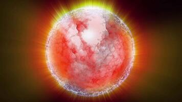 A virtual planet-like sphere of red color rotates in space, emitting energy beams. video