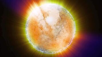 A virtual planet-like sphere of golden color rotates in space, emitting energy beams. video