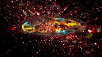 Space abstraction in bright colors, symbolizing infinity. Golden watch, dial, against the background of a fast moving bright galaxy. video