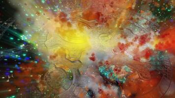 ein Abstraktion im Fett gedruckt Farben symbolisieren Unendlichkeit. ein transparent Uhr gegen das Hintergrund von ein Schnell - bewegend hell Galaxis. video