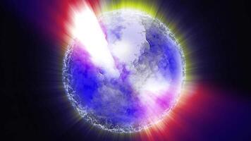 A virtual planet-like sphere of bright blue color rotates in space, emitting beams of energy. video