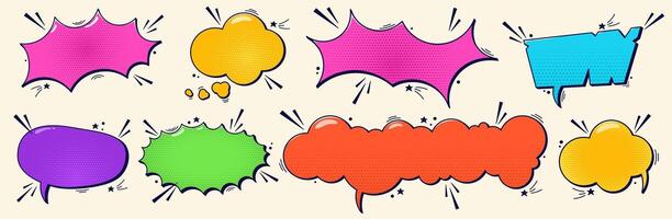 Comic color empty speech bubbles with halftone dot elements. vector