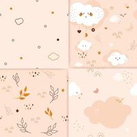 Four bohemian nursery seamless patterns. Gender neutral color repeating pictures with kawaii leaves rainbows moon heart star. vector