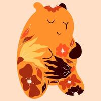 Kawaii plushy capybara with color flowers on her body. vector