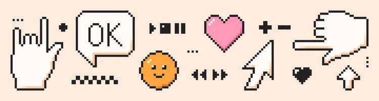 Pixel game art elements. 8 bit retro style icons. Speech bubble smile message ok cursor arrow heart. vector