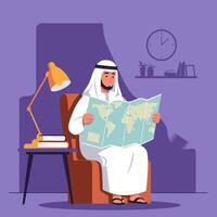 Man Studying World Map While Seated in Chair at Home vector