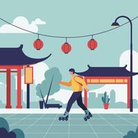 Person Roller Skating in Cityscape with Lanterns and Asian Architecture vector