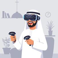 Man Experiencing Virtual Reality with Headset and Controllers at Home vector