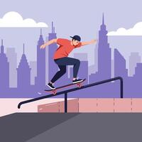 Man Skateboard Grinding Rail in Urban Setting with City Skyline vector
