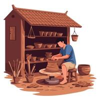 Craftsman Shaping Clay on Pottery Wheel Inside a Small Workshop vector