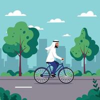 Man Cycling in City Park with Buildings and Green Trees vector