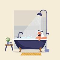 Man Relaxing in Bathtub Enjoying a Bubble Bath and Shower vector
