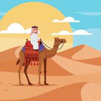 Riding a Camel in Desert Landscape with Sun and Clouds Illustration vector