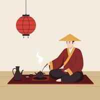Man Preparing Tea with Lantern in Asian Tea Ceremony Setting vector