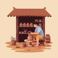 Person Shaping Clay on Wheel Inside Pottery Workshop Setting vector