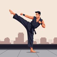 Man Practicing Martial Arts Kick on Rooftop with Urban Skyline vector